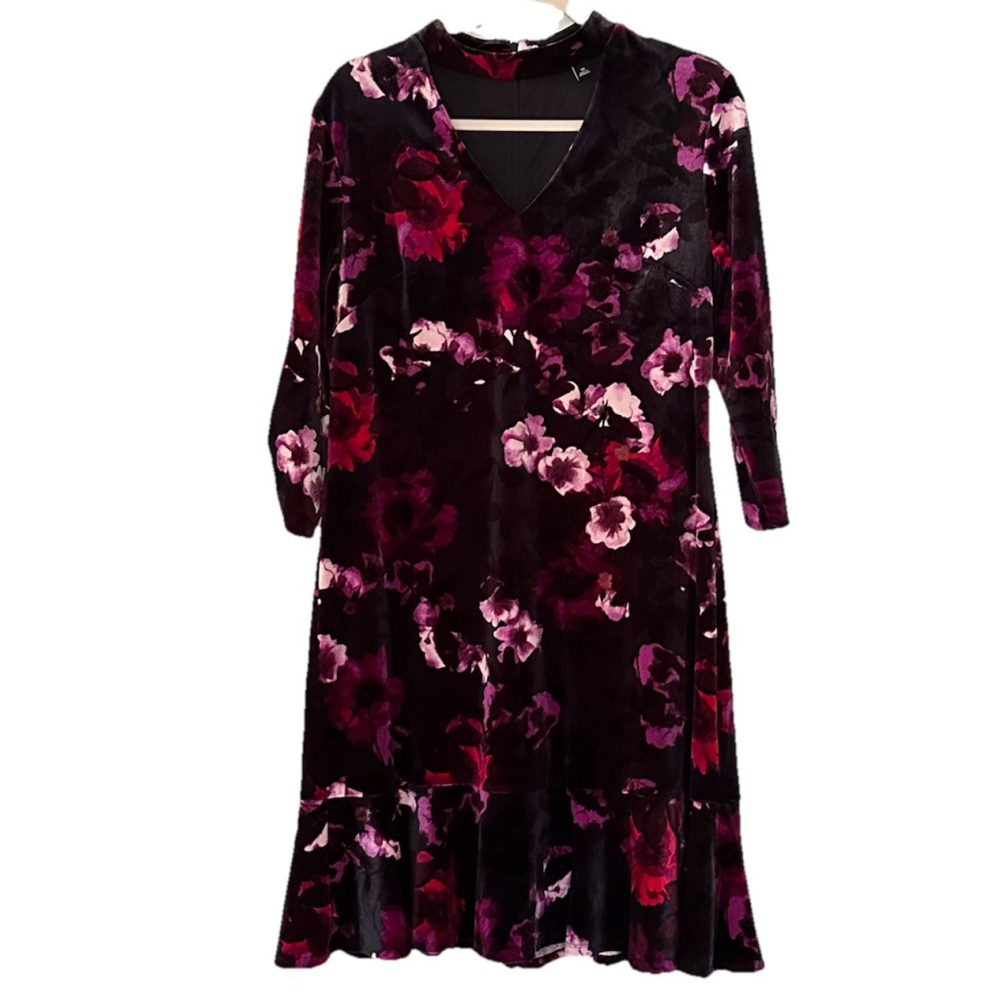 Roz & Ali Dress Women's Size 10 Black Velvet w/ Purple Red Floral Whimsigoth